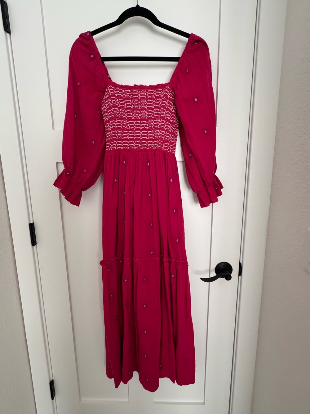 Smocked Square-Neck Midi Dress in Fuchsia